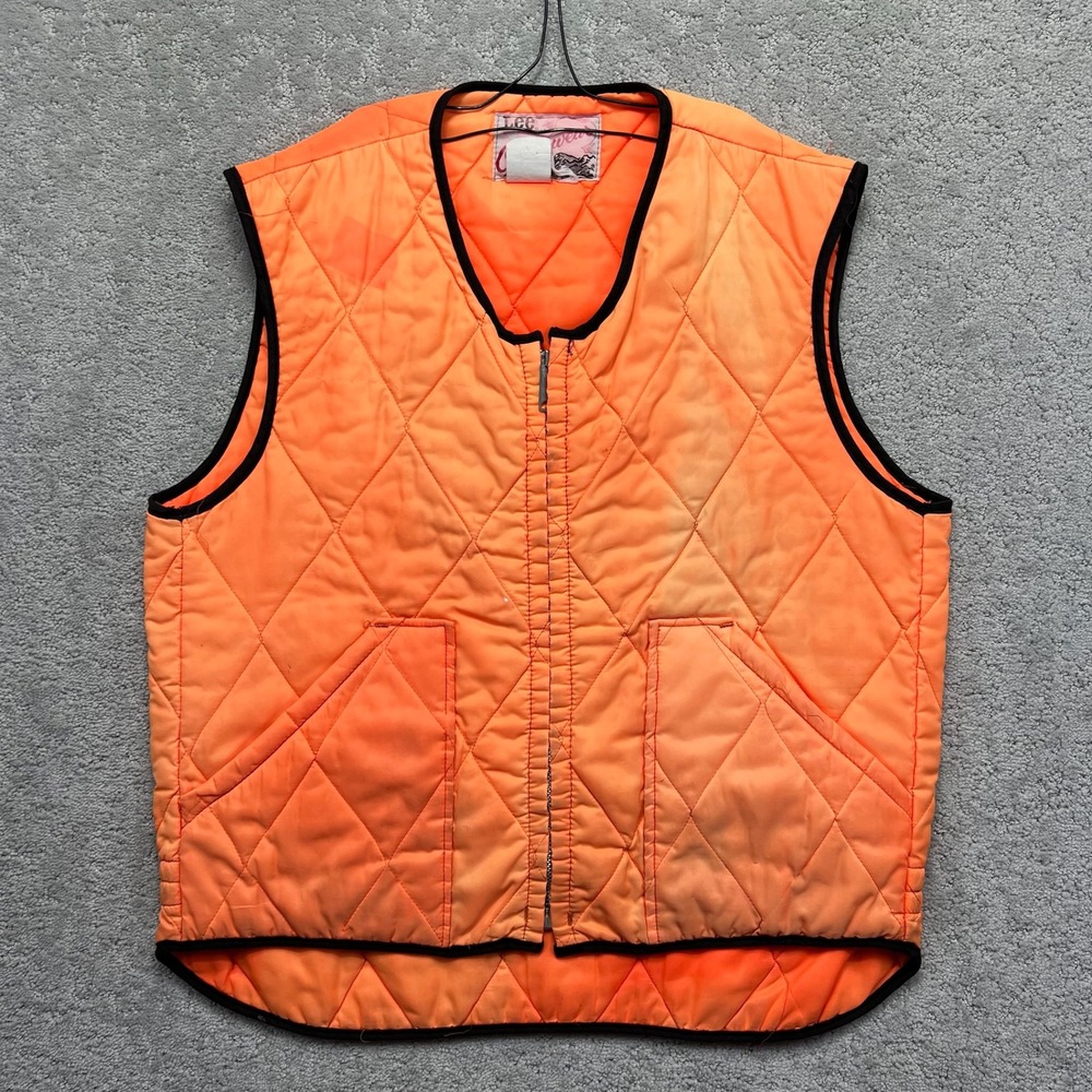 VINTAGE Lee Outerwear Vest Mens L?? Orange Sun Faded Quilted Hunting Talon Zip